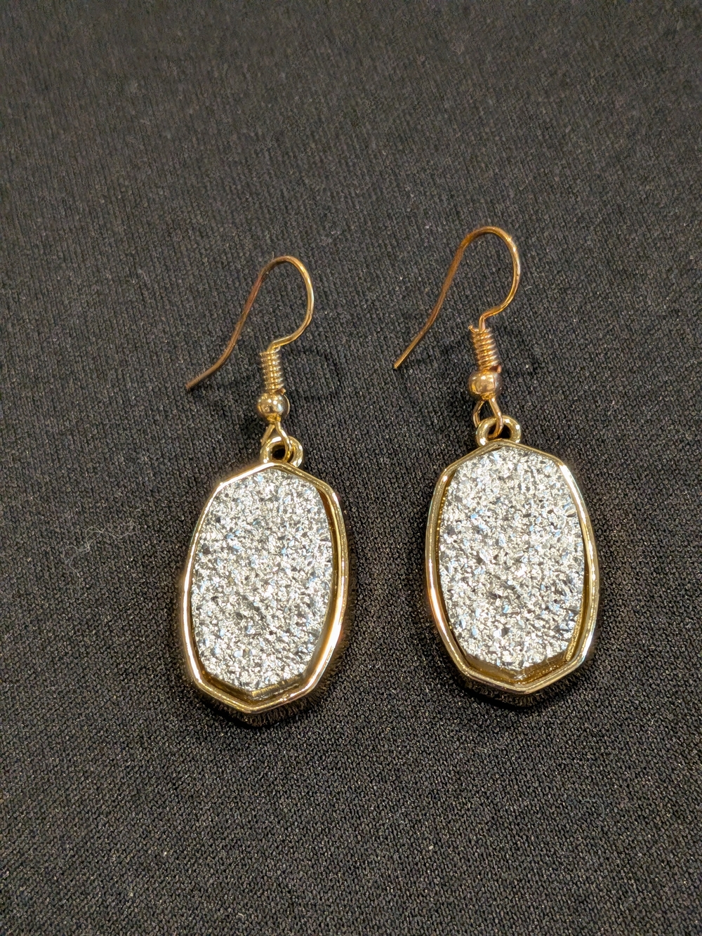 B#2: Gold Tone Frame Silver Druzy Drop Earrings - Elegant Sparkle